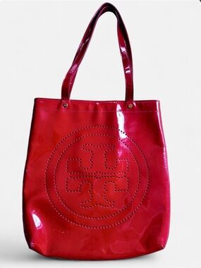Tory Burch Cherry Red Patent Leather Perforated Logo Tote Bag